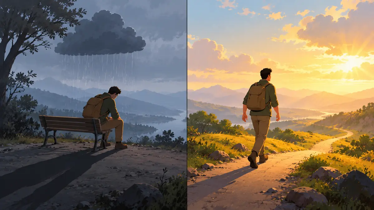 Split scene: a man slumped on a bench under a rain cloud, and the same man walking forward on a sunlit path