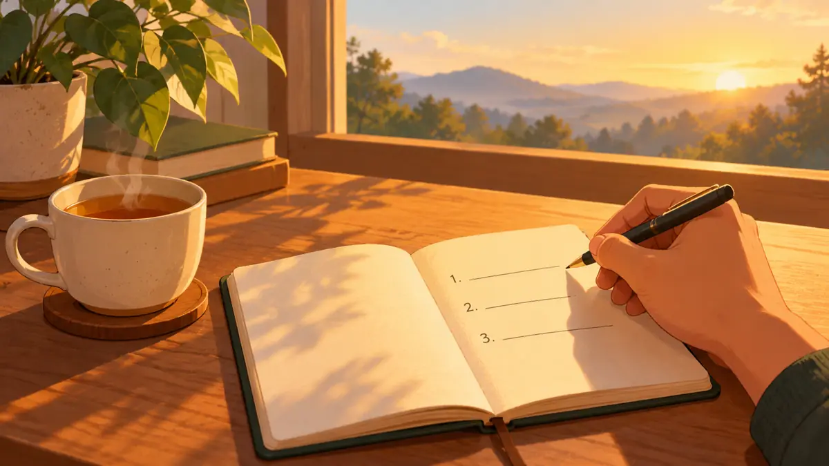 A hand writing in a notebook with three numbered lines, beside a cup of tea in morning light